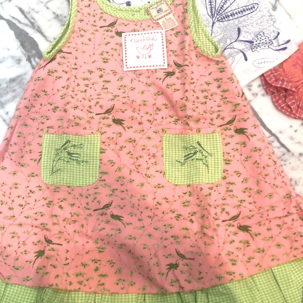 CORNELLOKI 2 Yr. GIRL NWT PINK & GREEN DRESS, GINGHAM LINING, RUFFLE HEM, POCKET